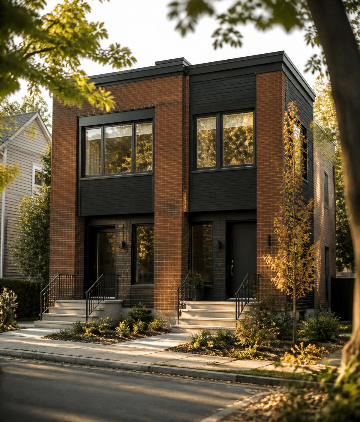 Modern two-unit brick multifamily rental property on a tree-lined street